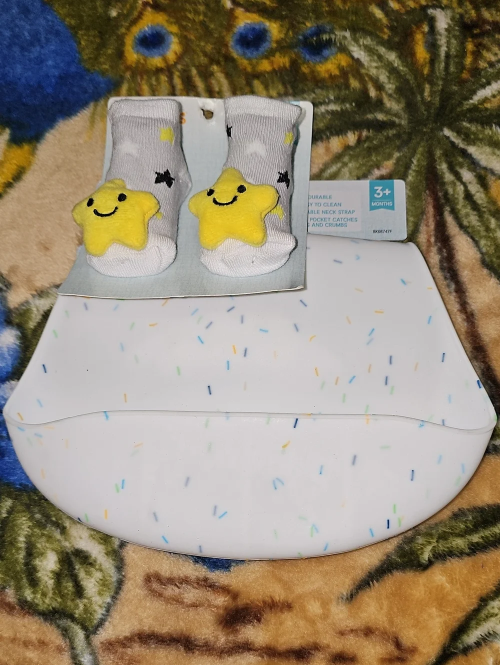 Baby Silicone Catch-All Bib with Star Socks - White with Yellow & Blue Confetti